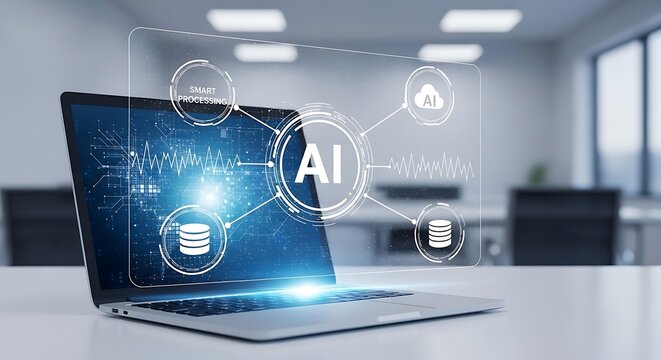 Laptop displaying ai interface with smart processing and cloud connections in a modern office space