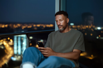Focused young businessman working late at night in office with laptop and mobile phone