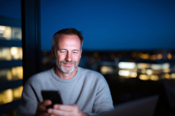 Focused young businessman working late at night in office with laptop and mobile phone