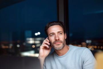 Focused young businessman working late at night in office with laptop and mobile phone