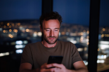 Focused young businessman working late at night in office with laptop and mobile phone