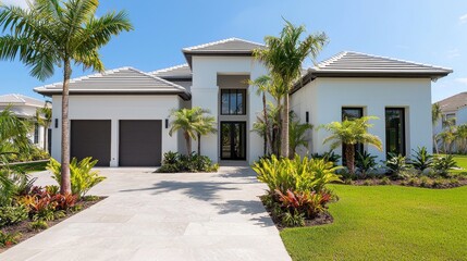 Modern white house with palm trees and manicured lawn