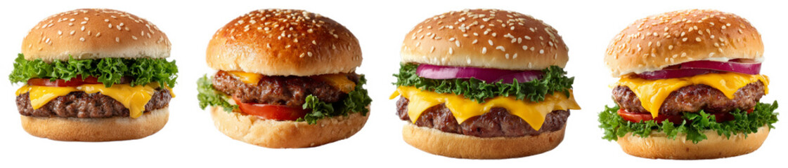 Freshly made cheeseburgers with lettuce and tomato on sesame seed buns, juicy beef patties, and melting cheese, perfect for fast food lovers and casual dining isolated transparent png