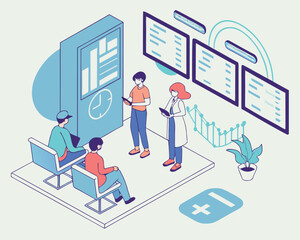 Isometric illustration of a team meeting with charts and graphs in a modern office environment