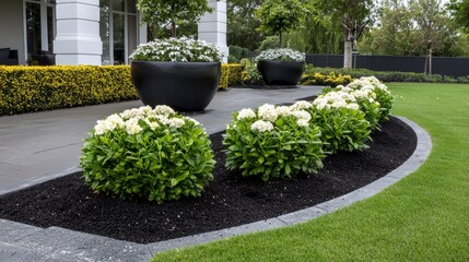 Lush garden with white flowering bushes and manicured lawn.