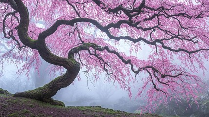 Weeping cherry tree with pink blossoms in misty forest