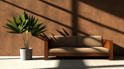 Sofa with potted palm and sunbeam shadows against textured wall.
