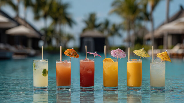 vibrant collection of top  famous cocktails beautifully arranged by sparkling pool or serene ocean