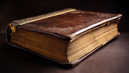 a worn antique leather bound book with yellowed pages rests on a textured dark surface