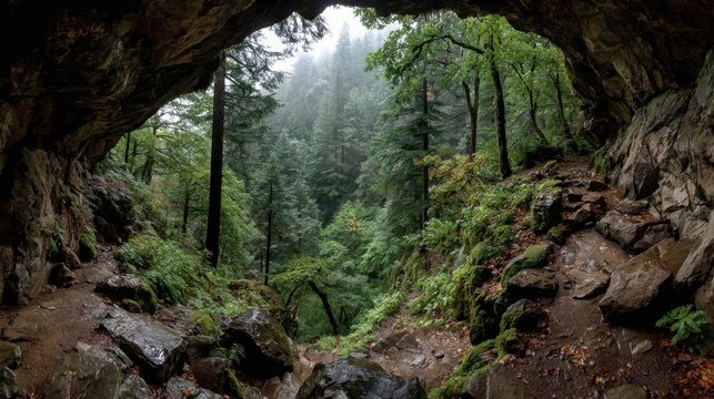 A rocky cave offers a breathtaking view of a dense, green forest enveloped in mist. Raindrops glisten on leaves while trees tower over the vibrant landscape below.