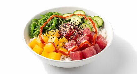 A colorful and delicious poke bowl with a variety of fresh ingredients