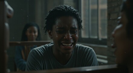 Dramatic close-up portrait of a young black woman crying with other women surrounding her