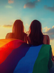 A female lesbian couple wrapped in LGBTQ+ rainbow pride flags stand together watching the sunset, symbolizing love, freedom, and inclusion