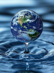 A delicate glass-like Earth rests on a single water droplet, sending ripples across the surface, symbolizing environmental balance, global impact, and sustainability