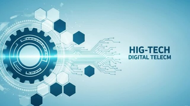 Illustration showing a gear, circuit board, and hexagon shapes on a blue background