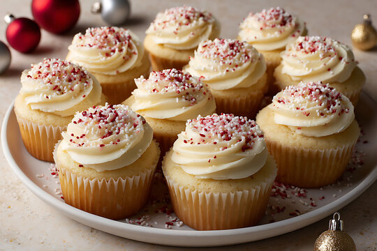 Twelve Vanilla Cupcakes Topped with Creamy Frosting and Red and White Sprinkles Arranged on a White Plate Against a Neutral Background