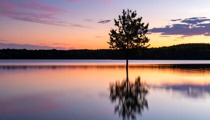 Serene sunset over a lake with a lone tree