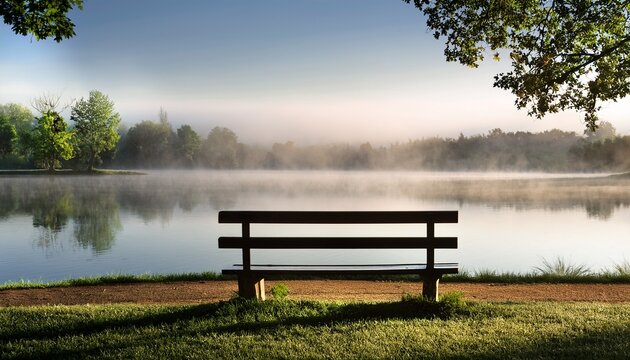 empty park bench by a misty lake