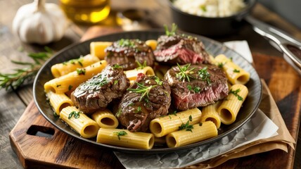Garlic Butter Steak Tips with Cheesy Rigatoni.