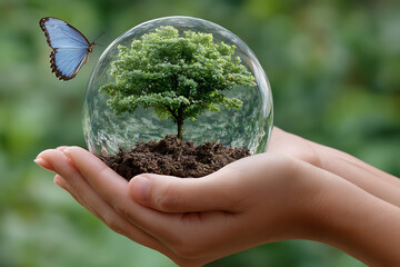 Two Hands Gently Cradle a Glass Sphere Encasing a Small Green Tree and Dark Brown Soil a Light Blue Butterfly Nearby