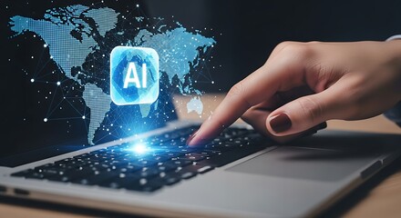 A finger touching a laptop keyboard with an ai icon and a world map in the background image