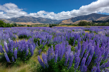 Vast Field of Vibrant Purple Lupine Flowers Blooming Under a Sunny Sky with Mountain Range Background