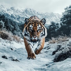 Obraz premium A majestic tiger prowls confidently through a snowy landscape, its powerful presence and captivating gaze evoking a sense of awe. The crisp winter air and towering mountains add to the raw.