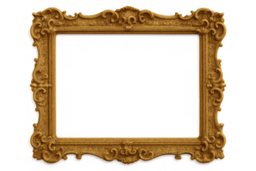 Ornate golden frame featuring delicate scrollwork, positioned on transparent backdrop, ideal for digital artwork and graphic design compositions