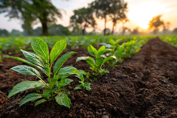 Vibrant Green Seedlings Growing in Rich Dark Soil at Sunset Warm Golden Light Illuminates Lush Young Plants Agricultural Field Rows of