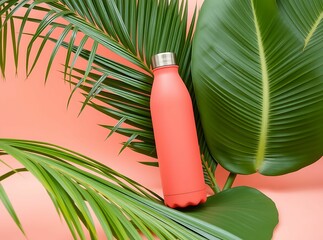 Coral Water Bottle Oasis: A reusable coral water bottle nestled amid lush tropical foliage, embodying sustainable hydration against a pastel canvas, inviting a refreshing sip of eco-conscious living.
