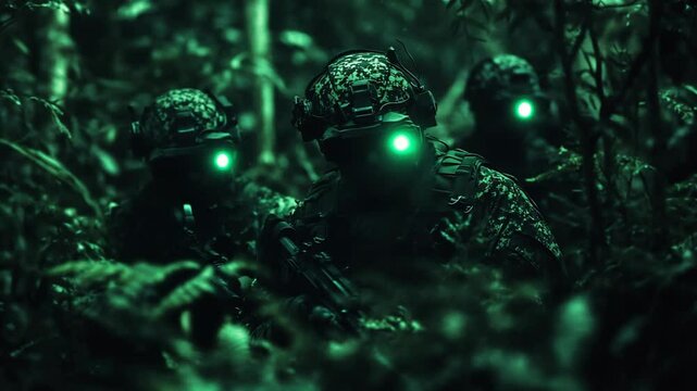 Three soldiers in camouflage uniforms with night vision goggles navigate through a dense forest. The scene is illuminated by green light from their equipment.