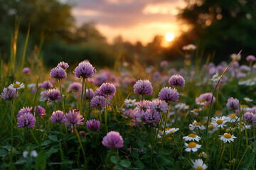 Vibrant Pink Clover and White Daisy Field at Sunset Warm Golden Hour Light Illuminates Delicate Blossoms Lush Green Meadow Summer Nature Scene