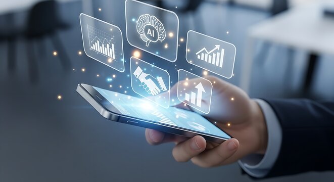 A hand holding a smartphone with ai and business icons floating above the screen in a modern setting