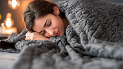 Nighttime shot of woman sleeping in oversized weighted blanket, folds emphasize pressure therapy and mental stillness in dark calming bedroom setting