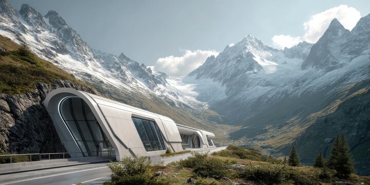 Futuristic tunnel entrance nestled in a majestic snow-capped mountain range.