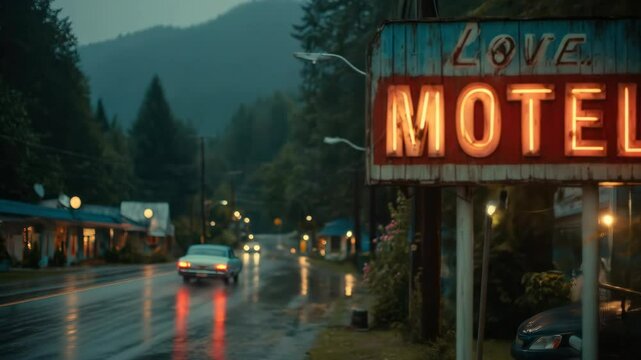 Neon motel sign at dusk along a wet road in an atmospheric town.