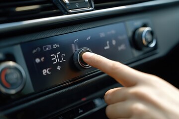 Fototapeta premium First-person view adjusting car climate control panel with LED screen and smooth buttons