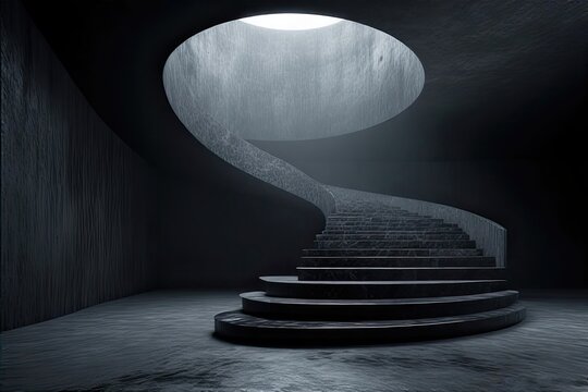Dark, minimalist interior with a black spiral staircase leading up to a round skylight. Abstract, architectural concept of infinity or hope.