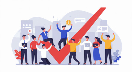 Successful Team Celebration with Check Mark and Cityscape Background Illustration.