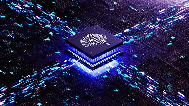 AI chip on a circuit board. Symbolizes technological advancement and artificial intelligence integration. 3d rendering, conceptual image.