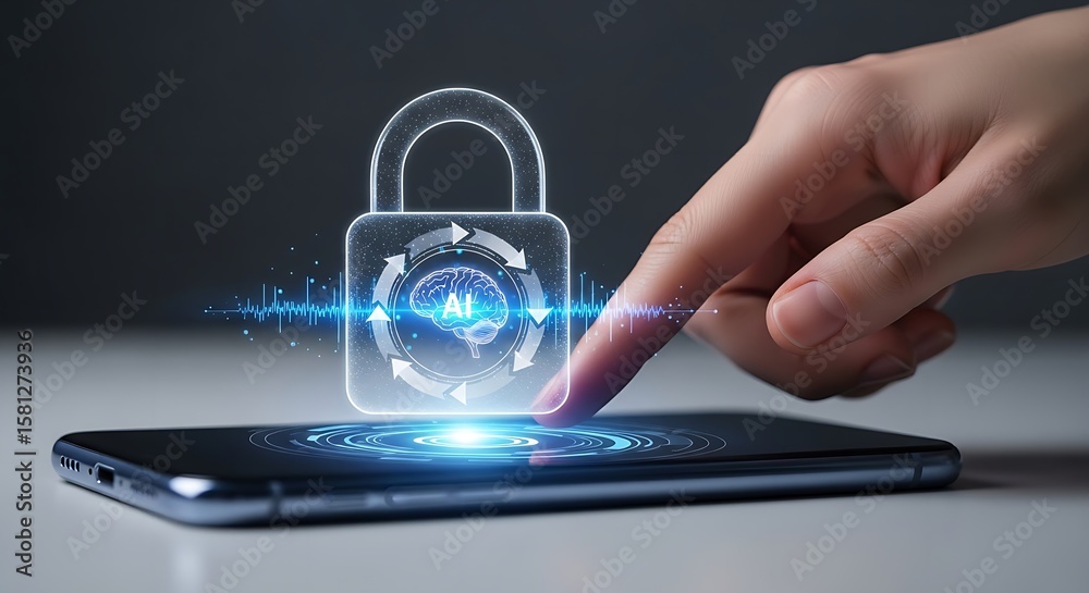 Poster a hand touching a smartphone screen displaying a digital padlock with an ai brain inside it