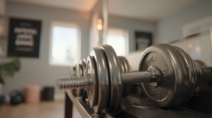 Naklejka premium First-Person View of Lifting Dumbbells in a Modern Home Gym