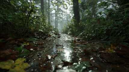 Obraz premium Photorealistic Forest Path After Rain with Wet Leaves and Reflections