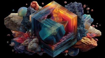 Vibrant abstract cube made of colorful rocks and minerals in space