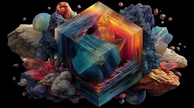 Vibrant abstract cube made of colorful rocks and minerals in space