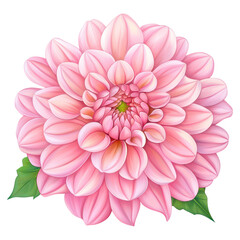 Fototapeta premium Beautiful Pink Dahlia Flower with Layered Petals and Green Leaves, isolated on transparent background.
