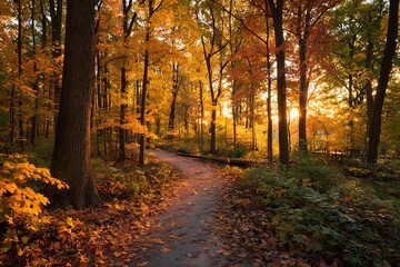 Obraz premium A serene autumn forest scene with a winding path, golden leaves, and sunlight filtering through the trees, creating a tranquil atmosphere.