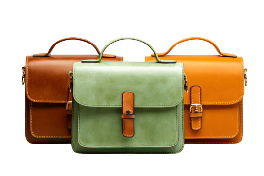 Three different-colored leather shoulder bags on a transparent background