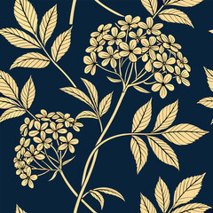 Elegant floral pattern featuring flowers and leaves in a classic navy and gold color scheme