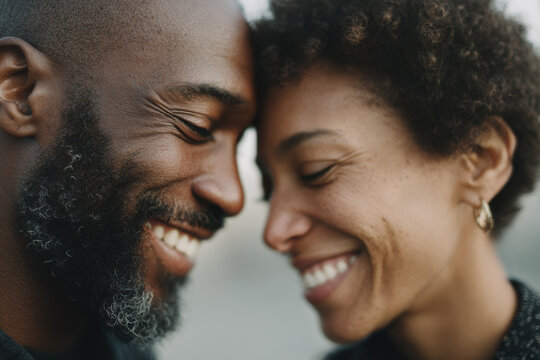 Intimate portrait of a smiling Black couple playfully nose-to-nose, capturing genuine affection and connection.
